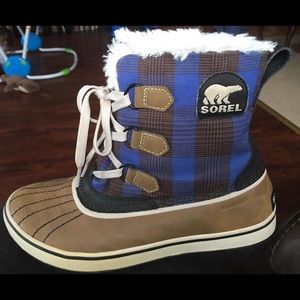 Sorel Tivoli plaid winter boots, color autumn